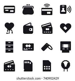 16 vector icon set : card, purse, tap to pay, pass card, cardio chip, wallet, credit card, atm, sheep
