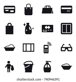 16 vector icon set : card, shopping bag, credit card, cleanser, power switch, washing, window, trash, foam bucket, liquid soap, foam basin