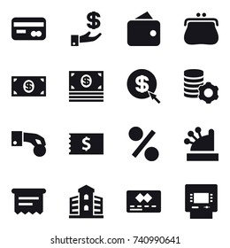 16 vector icon set : card, investment, wallet, purse, money, dollar arrow, virtual mining, hand coin, receipt, percent, cashbox, atm receipt, building, atm