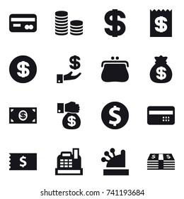 16 vector icon set : card, coin stack, dollar, receipt, investment, purse, money bag, money, money gift, dollar coin, credit card, cashbox