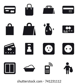 16 vector icon set : card, shopping bag, credit card, cleanser, identity card, power socket, power switch, washing, trash