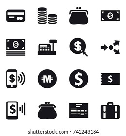16 vector icon set : card, coin stack, purse, money, cashbox, dollar arrow, core splitting, phone pay, crypto currency, dollar coin, receipt, mobile pay, suitcase