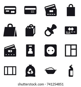 16 vector icon set : card, credit card, shopping bag, nipple, identity card, power socket, window, garbage bag, foam basin, toilet cleanser 16 vector icon set : card, credit card, shopping bag, nipple, identity card, power socket, window, garbage bag, foam basin, toilet cleanser