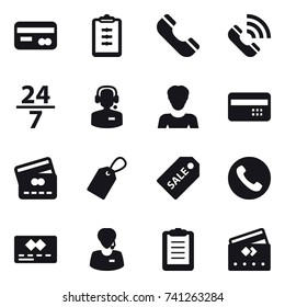 16 vector icon set : card, clipboard, phone, call, 24/7, call center, woman, credit card, label, sale label
