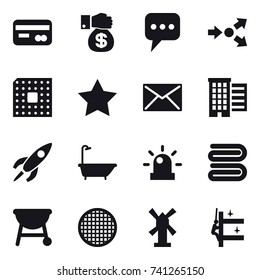 16 vector icon set : card, money gift, message, core splitting, cpu, star, mail, houses, bath, towel, windmill, skyscrapers cleaning