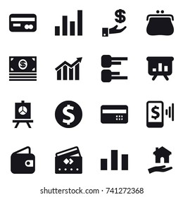 16 vector icon set : card, graph, investment, purse, money, diagram, presentation, dollar coin, credit card, mobile pay, wallet, housing