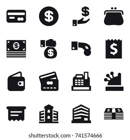 16 vector icon set : card, dollar, investment, purse, money, money gift, hand coin, receipt, wallet, credit card, cashbox, atm receipt, building
