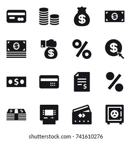 16 vector icon set : card, coin stack, money bag, money, money gift, percent, dollar arrow, credit card, account balance, atm, safe