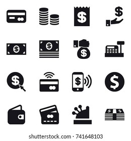 16 vector icon set : card, coin stack, receipt, investment, money, money gift, cashbox, dollar arrow, tap to pay, phone pay, dollar coin, wallet, credit card