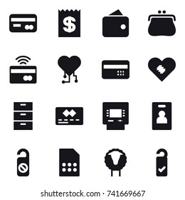 16 vector icon set : card, receipt, wallet, purse, tap to pay, cardio chip, credit card, atm, identity card, do not distrub, sheep, please clean