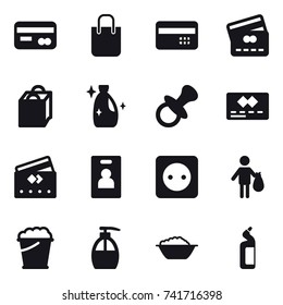 16 vector icon set : card, shopping bag, credit card, cleanser, nipple, identity card, power socket, trash, foam bucket, liquid soap, foam basin, toilet cleanser