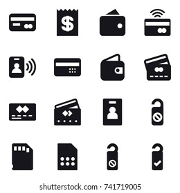 16 vector icon set : card, receipt, wallet, tap to pay, pass card, credit card, identity card, do not distrub, please clean