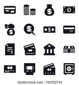 16 vector icon set : card, coin stack, money bag, money, money gift, dollar arrow, credit card, account balance, library, atm, safe
