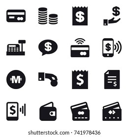 16 vector icon set : card, coin stack, receipt, investment, cashbox, money message, tap to pay, phone pay, crypto currency, hand coin, account balance, mobile pay, wallet, credit card