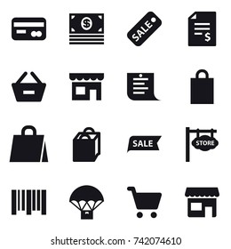 16 vector icon set : card, money, sale, account balance, remove from basket, shop, shopping list, shopping bag, store signboard