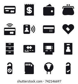 16 vector icon set : card, receipt, wallet, purse, tap to pay, pass card, credit card, atm, identity card, do not distrub, sheep, please clean