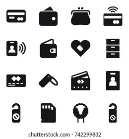 16 vector icon set : card, wallet, purse, tap to pay, pass card, credit card, identity card, do not disturb, sheep