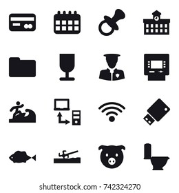 16 vector icon set : card, calendar, nipple, university, atm, surfer, soil cutter, pig, toilet