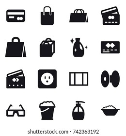 16 vector icon set : card, shopping bag, credit card, cleanser, power socket, window, foam bucket, liquid soap, foam basin