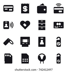 16 vector icon set : card, receipt, wallet, tap to pay, pass card, atm, identity card, do not distrub, sheep