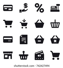 16 vector icon set : card, investment, percent, cashbox, cart, add to cart, basket, credit card, account balance, remove from basket, delete cart, shop