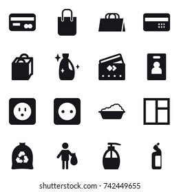 16 vector icon set : card, shopping bag, credit card, cleanser, identity card, power socket, washing, window, garbage bag, trash, liquid soap, toilet cleanser