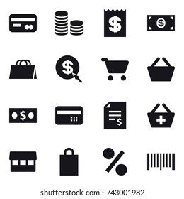 16 vector icon set : card, coin stack, receipt, money, shopping bag, dollar arrow, cart, basket, credit card, account balance, add to basket, market, percent, barcode
