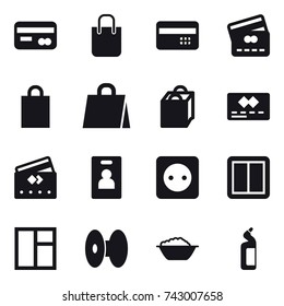 16 vector icon set : card, shopping bag, credit card, identity card, power socket, power switch, window, foam basin, toilet cleanser