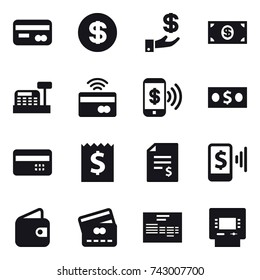 16 vector icon set : card, dollar, investment, money, cashbox, tap to pay, phone pay, credit card, receipt, account balance, mobile pay, wallet, atm