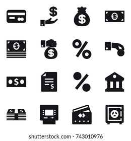 16 vector icon set : card, investment, money bag, money, money gift, percent, hand coin, account balance, library, atm, credit card, safe