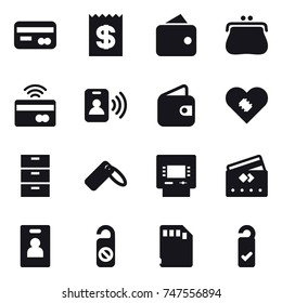 16 vector icon set : card, receipt, wallet, purse, tap to pay, pass card, atm, credit card, identity card, do not distrub, please clean