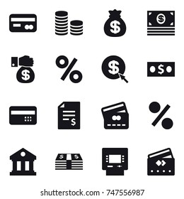 16 vector icon set : card, coin stack, money bag, money, percent, dollar arrow, credit card, account balance, library, atm