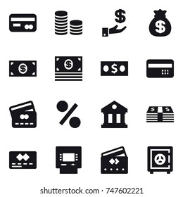 16 vector icon set : card, coin stack, investment, money bag, money, credit card, percent, library, atm, safe