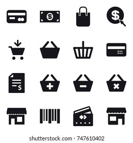 16 vector icon set : card, money, shopping bag, dollar arrow, add to cart, basket, credit card, account balance, add to basket, remove from basket, delete cart, shop