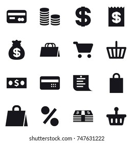 16 vector icon set : card, coin stack, dollar, receipt, money bag, shopping bag, cart, basket, money, credit card, shopping list, percent