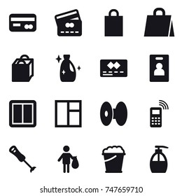 16 vector icon set : card, credit card, shopping bag, cleanser, identity card, power switch, window, trash, foam bucket, liquid soap