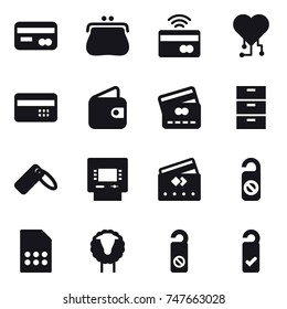 16 vector icon set : card, purse, tap to pay, cardio chip, credit card, wallet, atm, do not distrub, sheep, please clean