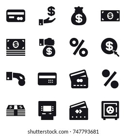 16 vector icon set : card, investment, money bag, money, money gift, percent, dollar arrow, hand coin, credit card, atm, safe