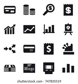 16 vector icon set : card, coin stack, dollar magnifier, receipt, diagram, statistic, graph, presentation, core splitting, credit card, cashbox, atm