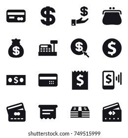 16 vector icon set : card, dollar, investment, purse, money bag, cashbox, dollar arrow, dollar coin, money, credit card, receipt, mobile pay, atm receipt