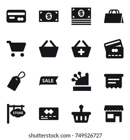 16 vector icon set : card, money, shopping bag, cart, basket, add to basket, credit card, label, sale, cashbox, atm receipt, store signboard, shop