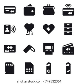 16 vector icon set : card, wallet, purse, tap to pay, pass card, cardio chip, atm, credit card, do not distrub, please clean