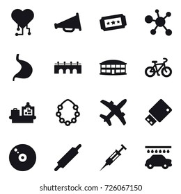 16 vector icon set : cardio chip, loudspeaker, ticket, bridge, airport building, bike, baggage checking, hawaiian wreath, rolling pin, syringe, car wash