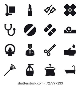 16 vector icon set : cargo stoller, lipstick, hand drop, rake, liquid soap, hanger, bath