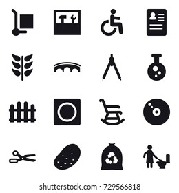 16 vector icon set : cargo stoller, tools, bridge, drawing compass, fence, ring button, rocking chair, scissors, potato, garbage bag, toilet cleaning