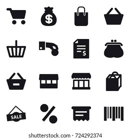 16 vector icon set : cart, money bag, shopping bag, basket, hand coin, account balance, purse, remove from basket, market, sale, percent, atm receipt