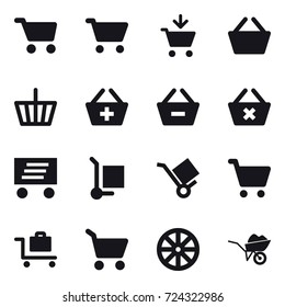 16 vector icon set : cart, add to cart, basket, add to basket, remove from basket, delete cart, delivery, cargo stoller, baggage trolley, wheel, wheelbarrow