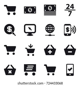 16 vector icon set : cart, money, 24/7, dollar arrow, monitor arrow, globe connect, phone pay, add to cart, add to basket, remove from basket, delete cart, delivery, mobile checking