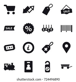 16 vector icon set : cart, up down arrow, label, sale, percent, barcode, ticket, info, train, identity card, do not distrub, trailer