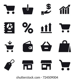 16 vector icon set : cart, basket, investment, diagram, annual report, percent, graph up, add to cart, wallet, remove from basket, shopping bag, label, shop